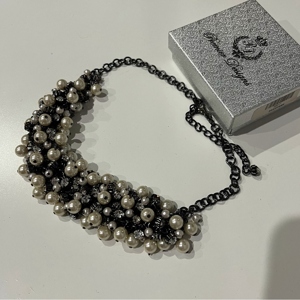 PREMIER DESIGNS Faux Pearl with Jewels Gun Metal Choker Statement Necklace